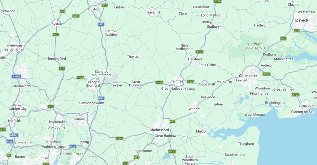 Map of Suffolk county in the UK showing towns and roads.