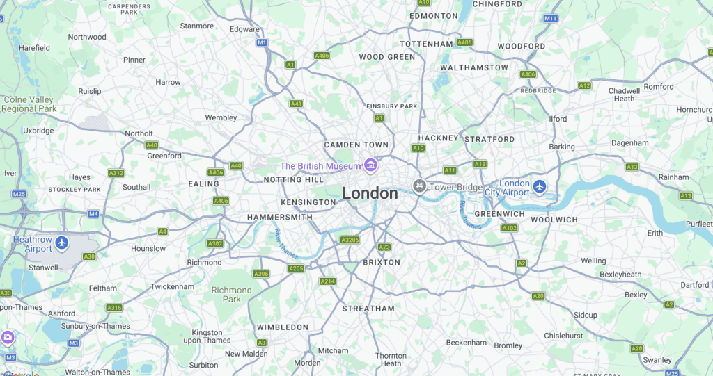Map of London showing districts and transport routes in the UK capital.